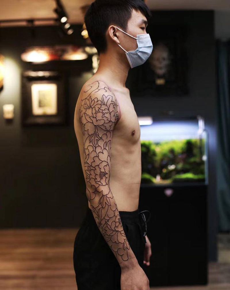 牡丹花臂-线纹身图片_老传统纹身图案