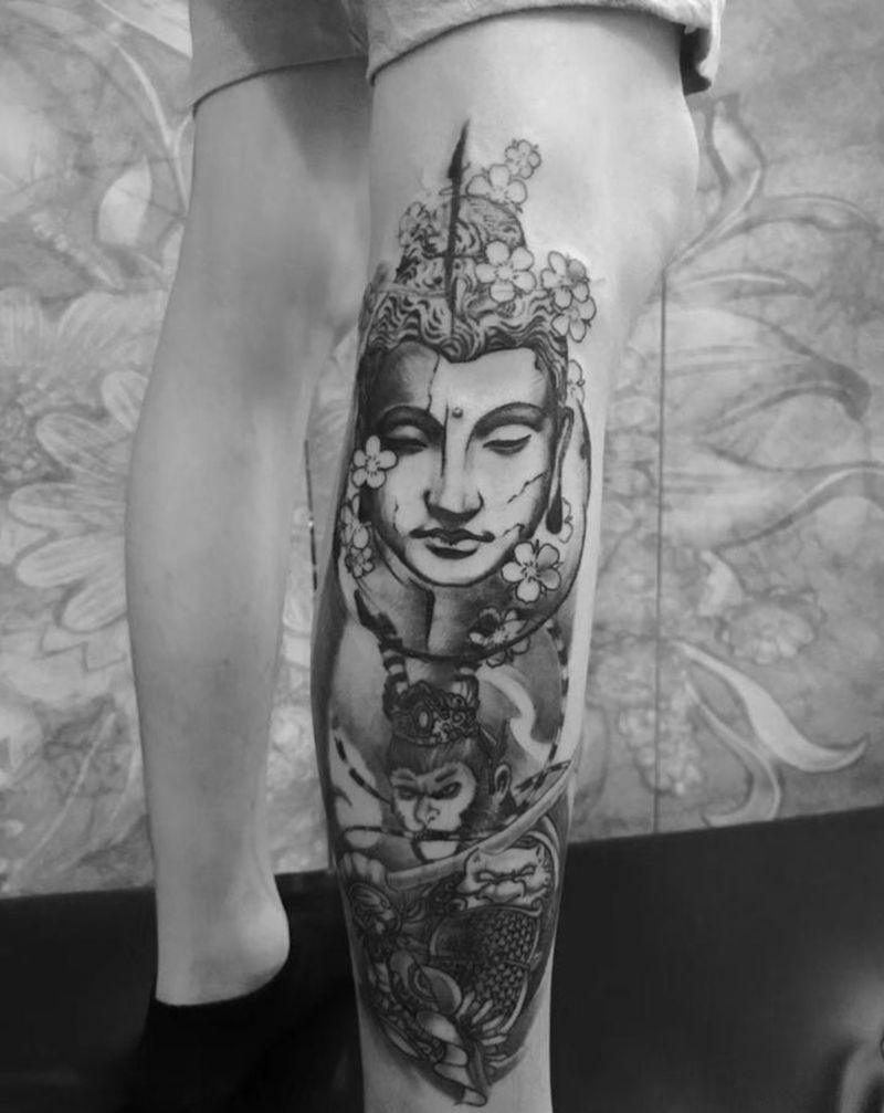 小腿半包纹身图片_腿部新传统纹身图案