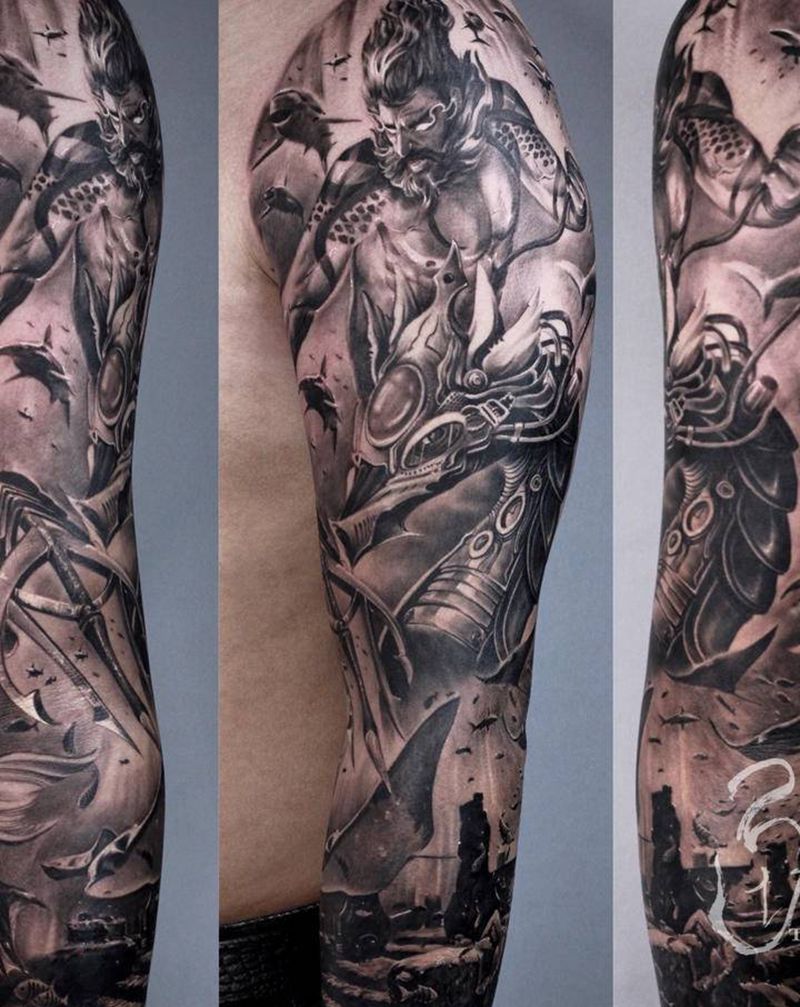 海王 7分臂纹身图片_手臂手部欧美写实海王纹身图案