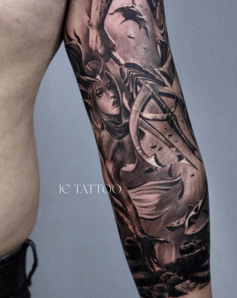 人魚纹身图片_手臂手部欧美写实纹身图案