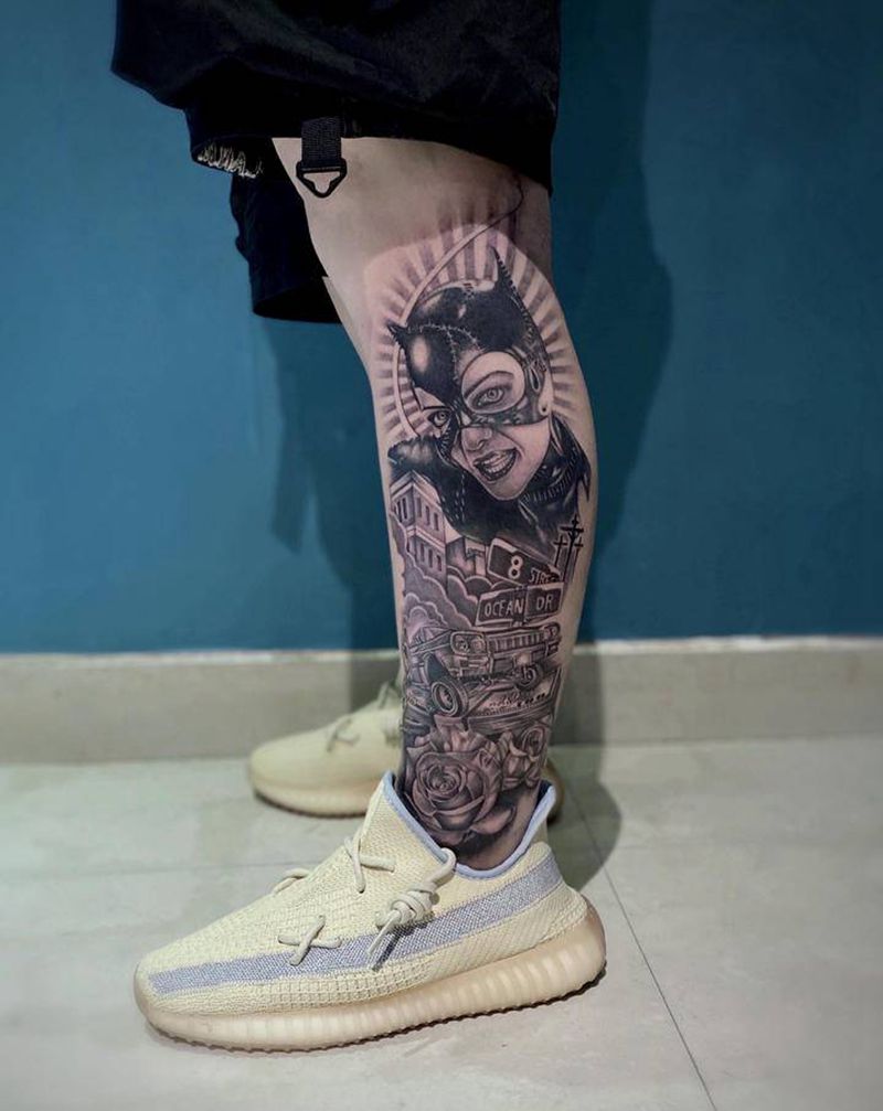 猫女纹身图片_腿部欧美写实纹身图案