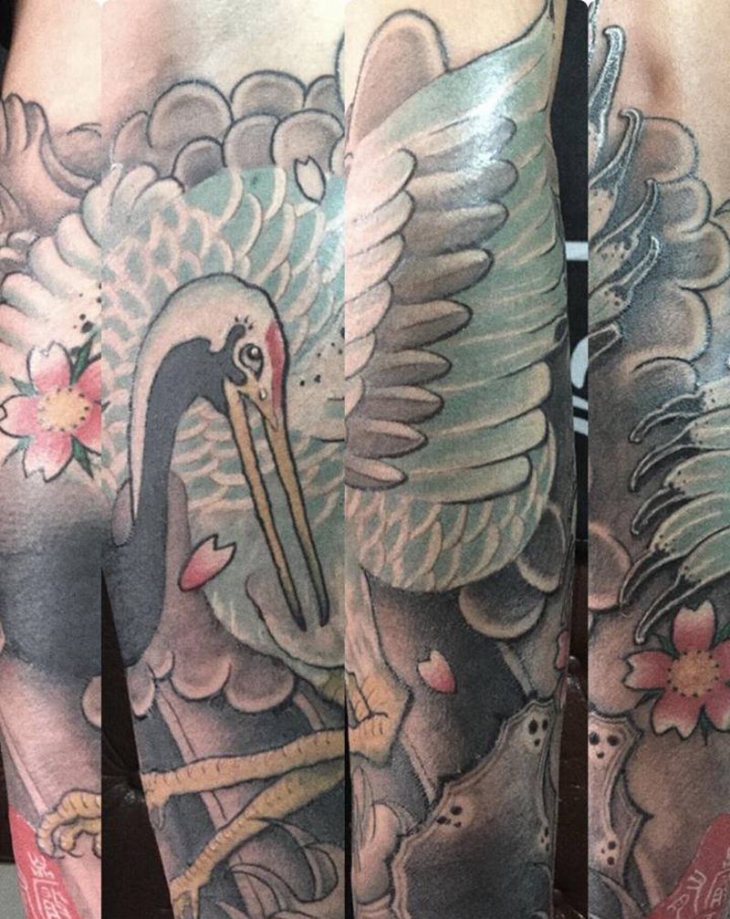 仙鹤神针纹身图片_手臂新传统老传统仙鹤樱花印章纹身图案