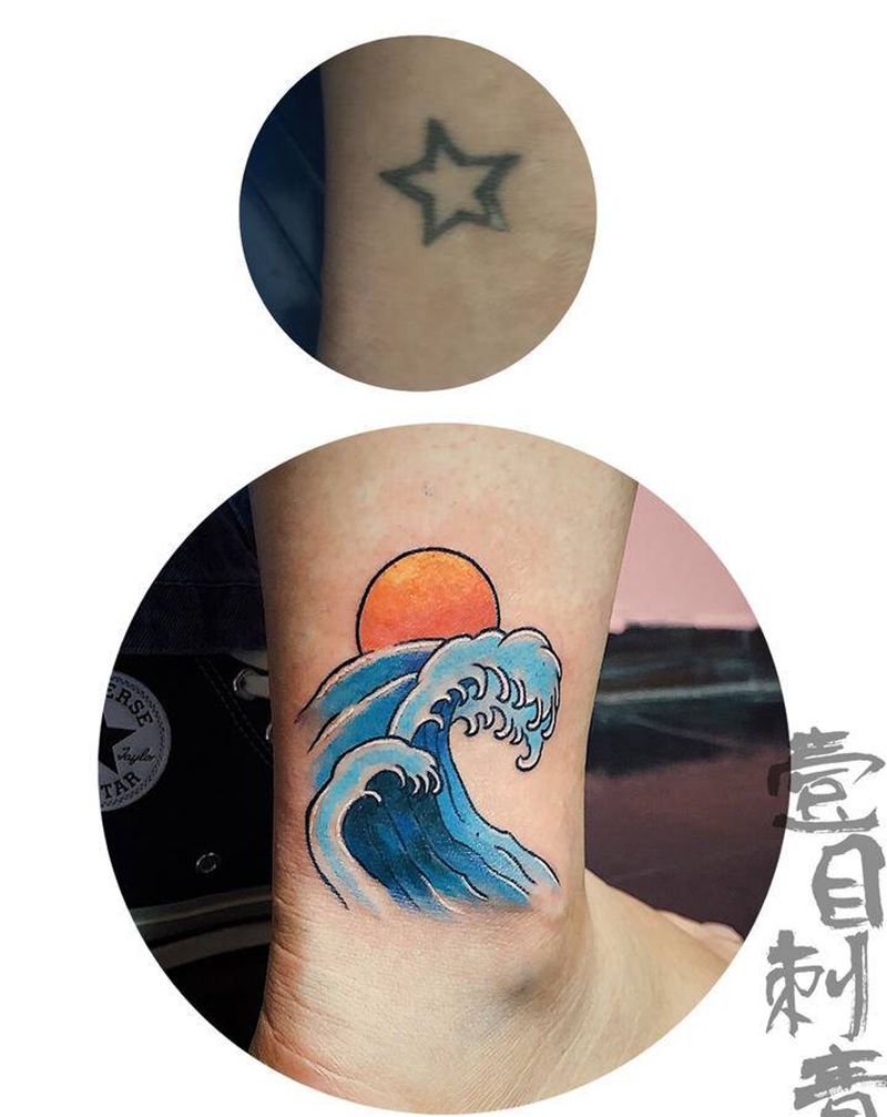 原创海浪遮盖旧纹身纹身图片_腿部脚部Old School纹身图案