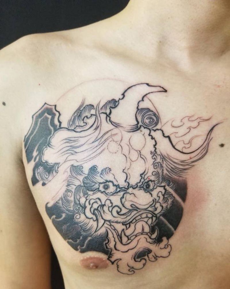 唐狮纹身图片_胸部新传统纹身图案