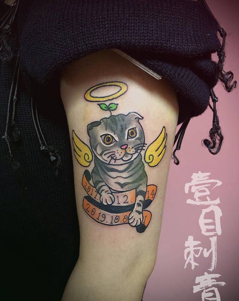 原创猫猫天使纹身图片_手臂Old School纹身图案