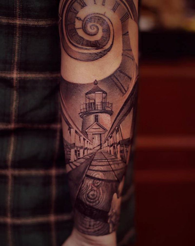 灯塔纹身图片_手臂手部欧美写实纹身图案