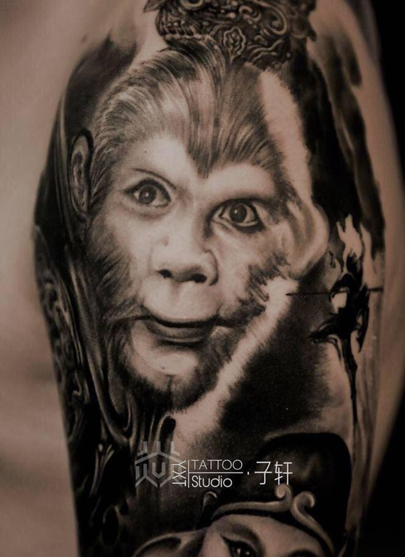 心中已有西游记纹身图片_手臂手部欧美写实水墨孙悟空纹身图案