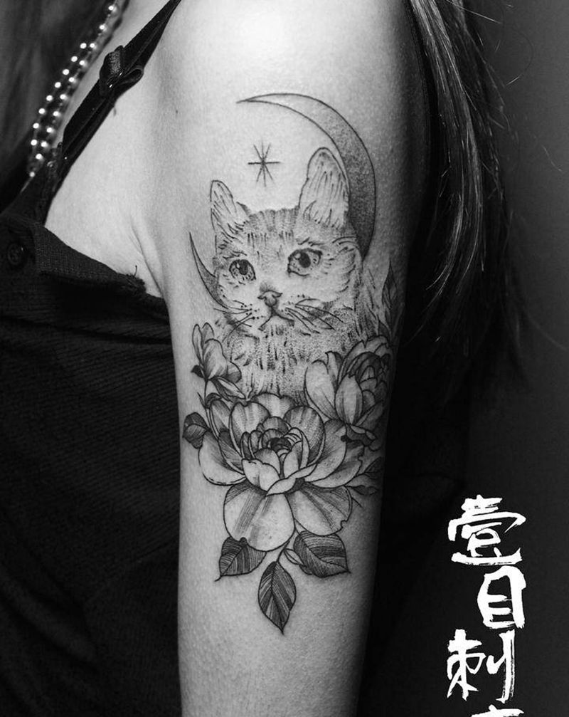 原创猫咪花花纹身图片_手臂点刺小清新猫花纹身图案