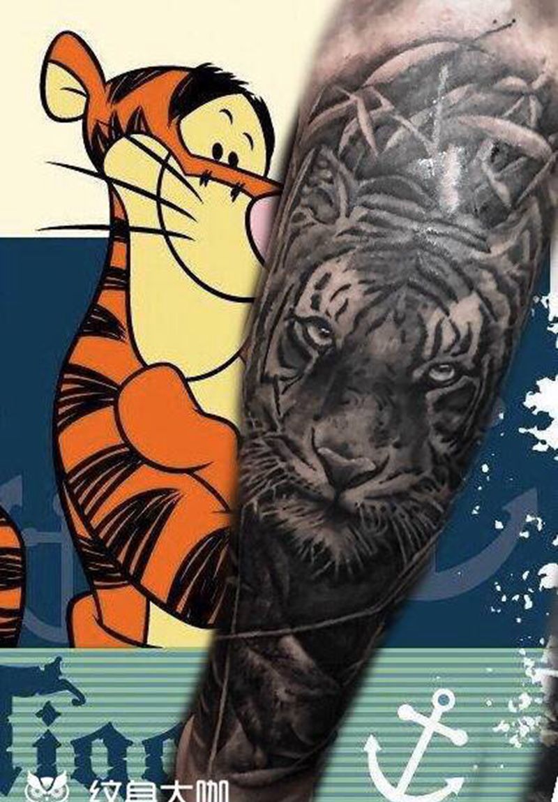 藏虎林纹身图片_腿部新传统老虎纹身图案