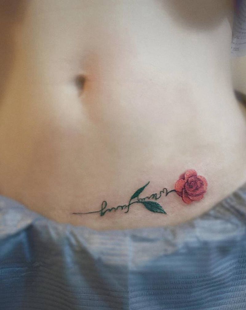 小清新花纹身图片_腹部水彩纹身图案