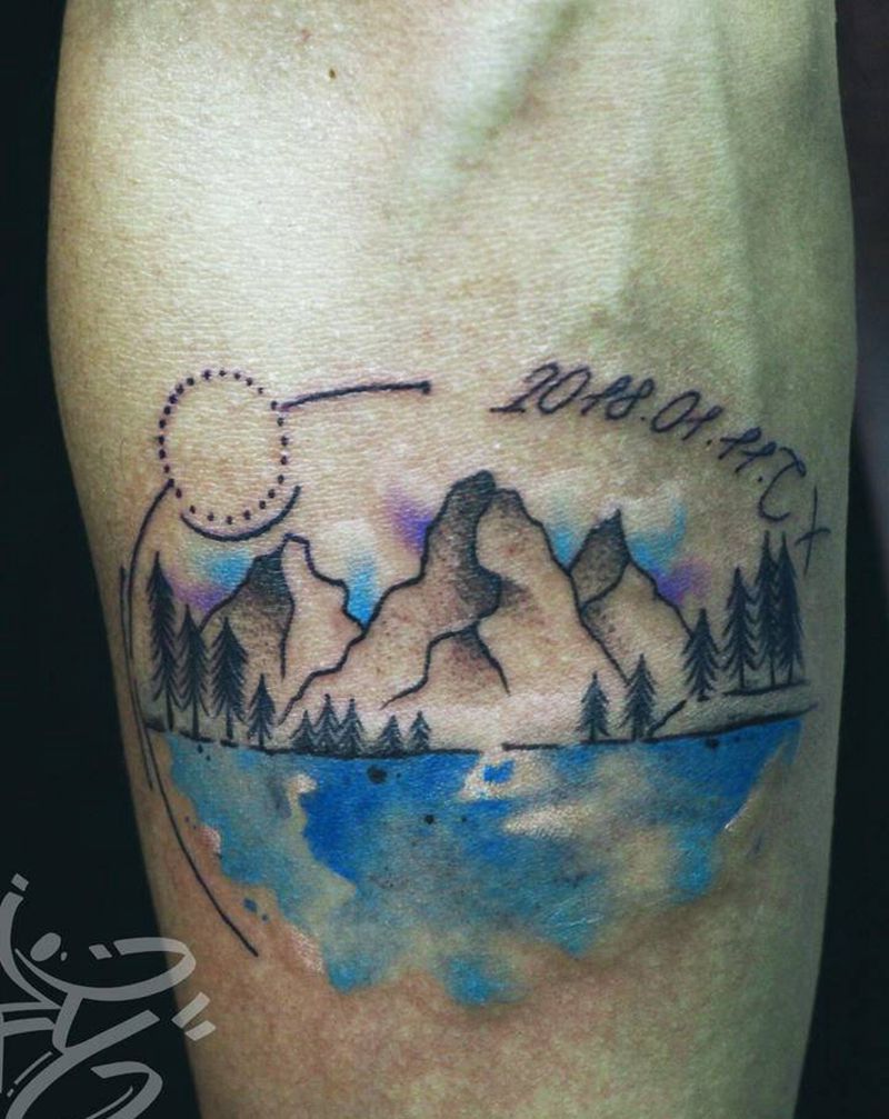 水彩山水纹身图片_手臂点刺水墨水彩山水纹身图案