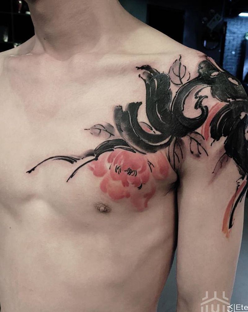 中国风牡丹遮盖图腾纹身图片_胸部手臂水墨水彩中国风纹身图案