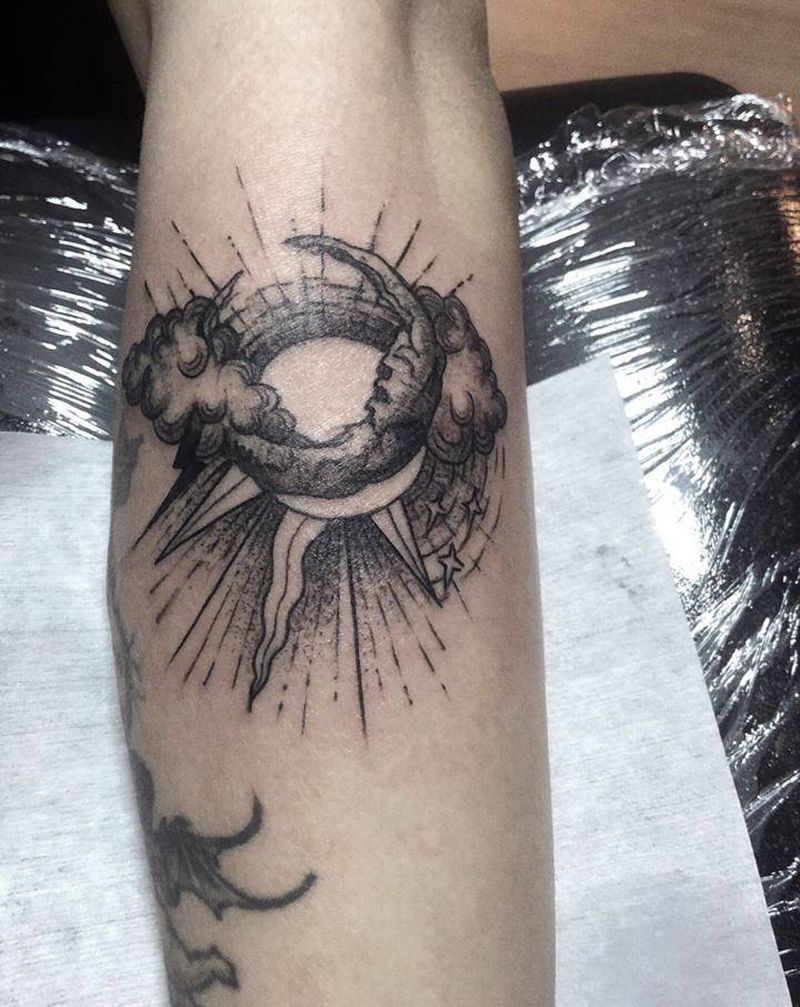 日月星辰纹身图片_手臂点刺几何纹身图案