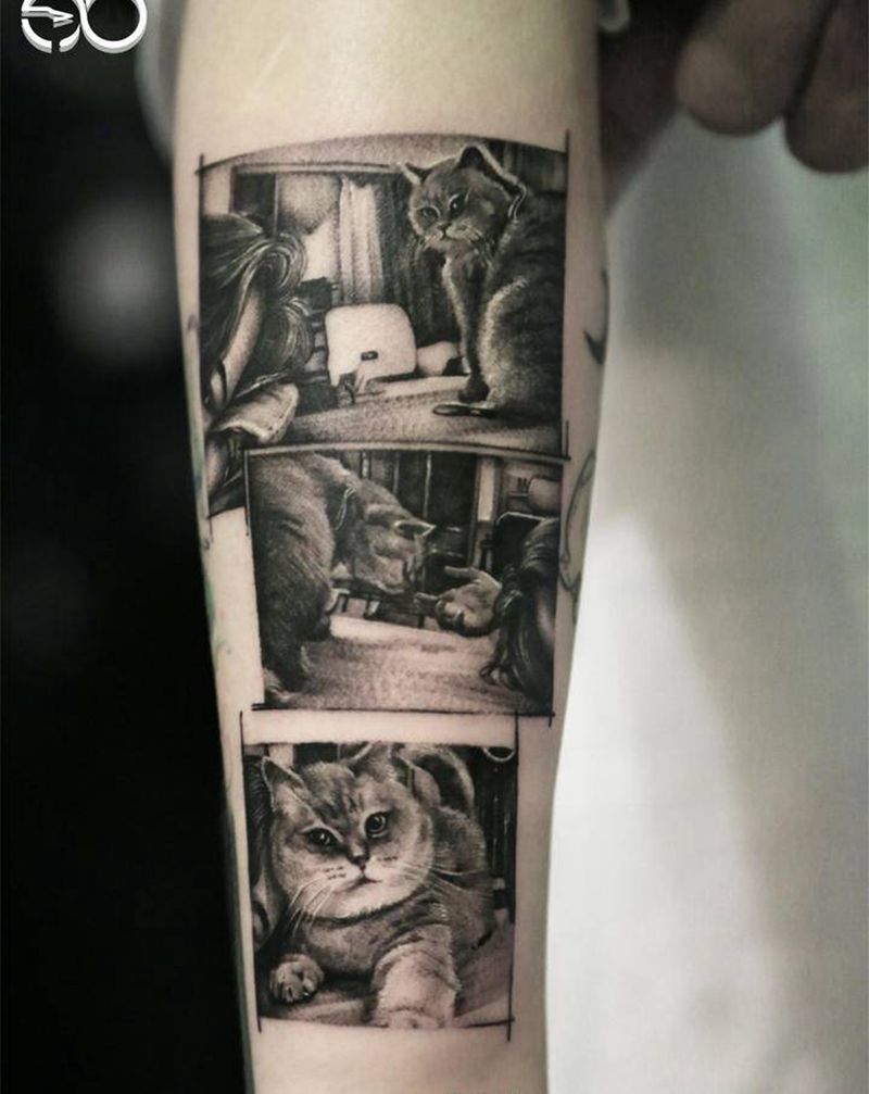 与猫纹身图片_手部手臂欧美写实点刺宠物猫纹身图案