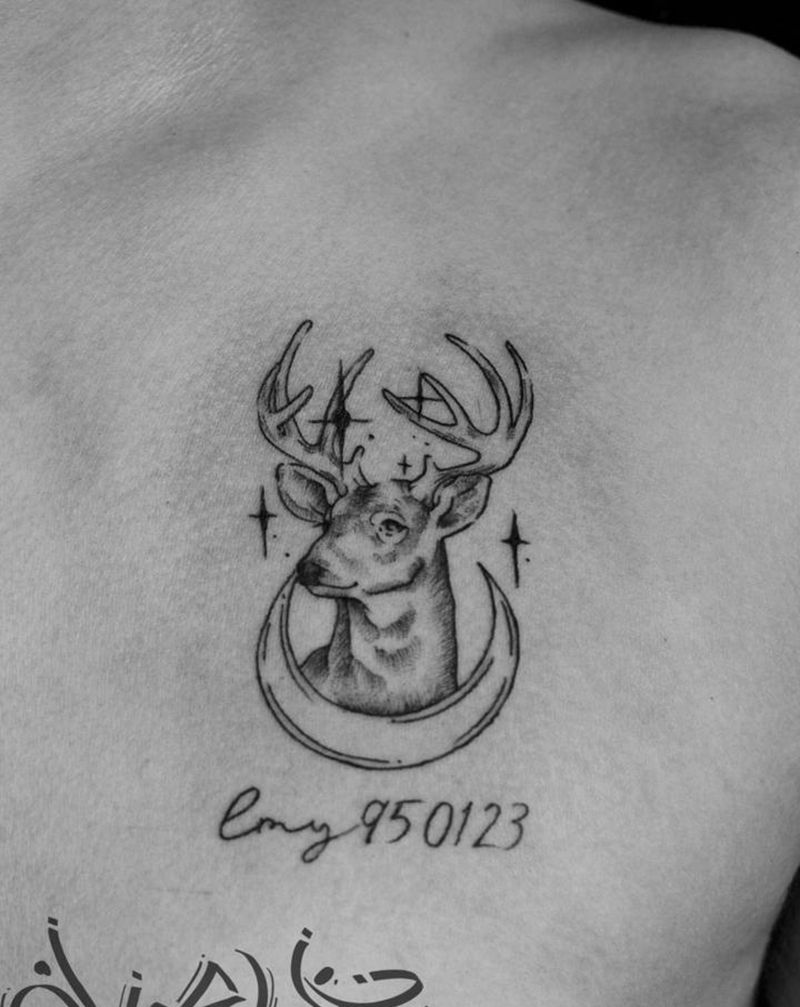 原设鹿纹身图片_手臂点刺鹿月亮纹身图案