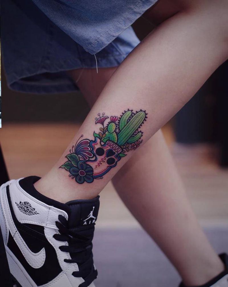 仙人掌纹身图片_腿部New School纹身图案