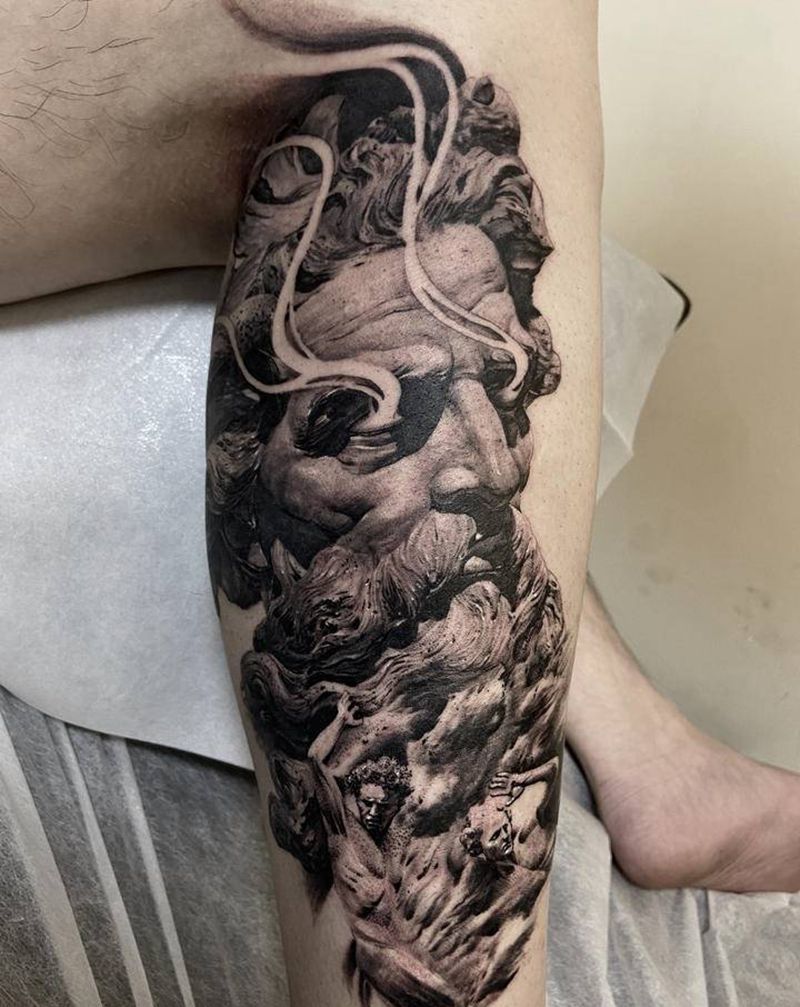 波塞冬纹身图片_腿部欧美写实纹身图案