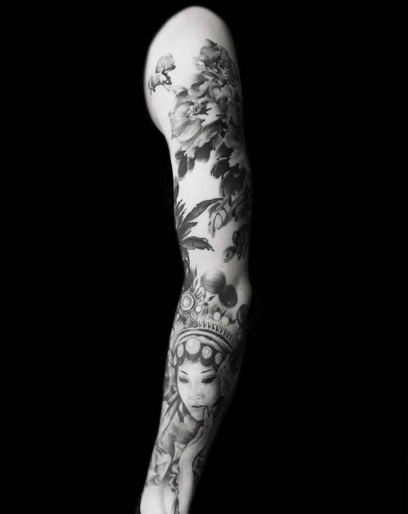 青衣与牡丹纹身图片_手部手臂水墨水彩青衣纹身图案