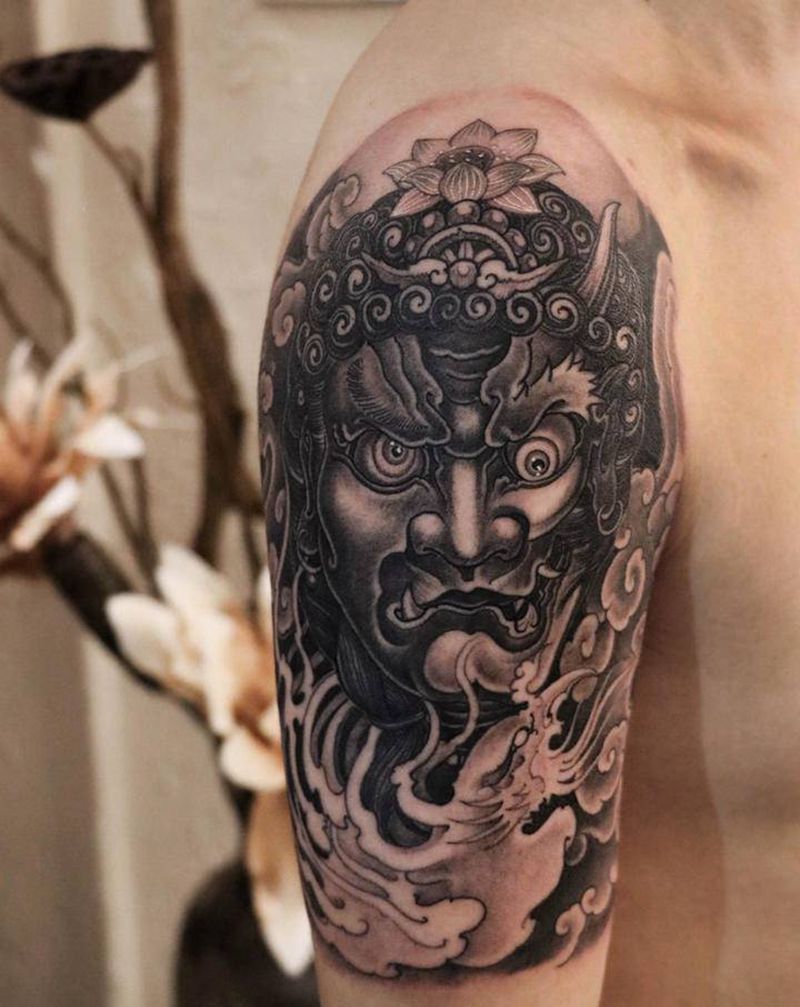 不动冥王与魔魔纹身图片_手臂新传统不动冥王纹身图案