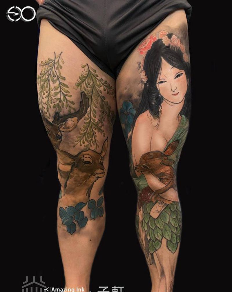 神女纹身图片_脚部腿部水墨神女纹身图案