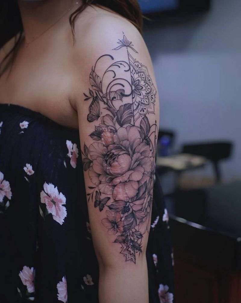 素花纹身图片_手臂点刺素花系列手臂花玫瑰花纹身图案