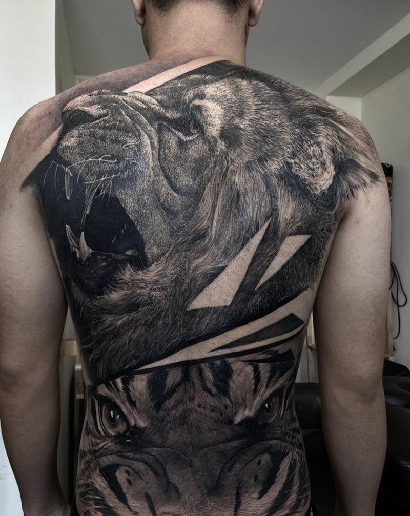 满背大动物纹身图片_背部欧美写实纹身图案