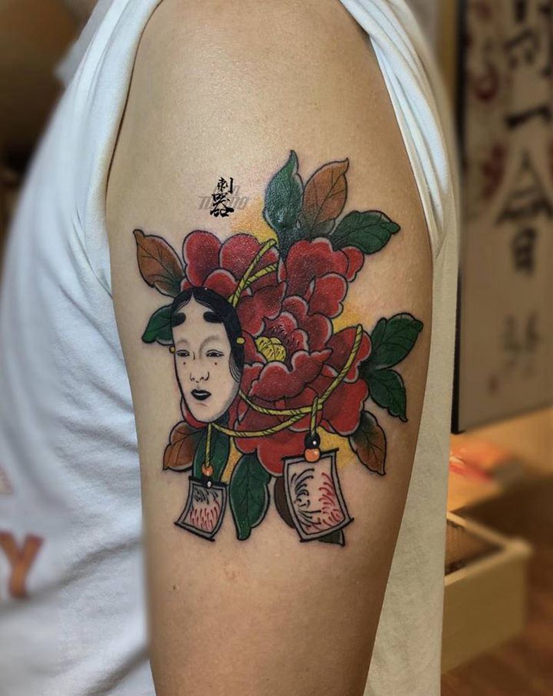 日本能面➕牡丹纹身图片_手臂新传统牡丹能面纹身图案