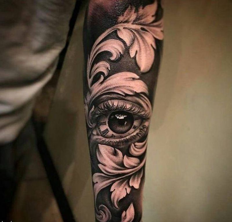 《花海看世界～时光飞逝》纹身图片_手臂手部欧美写实点刺眼睛花纹身图案