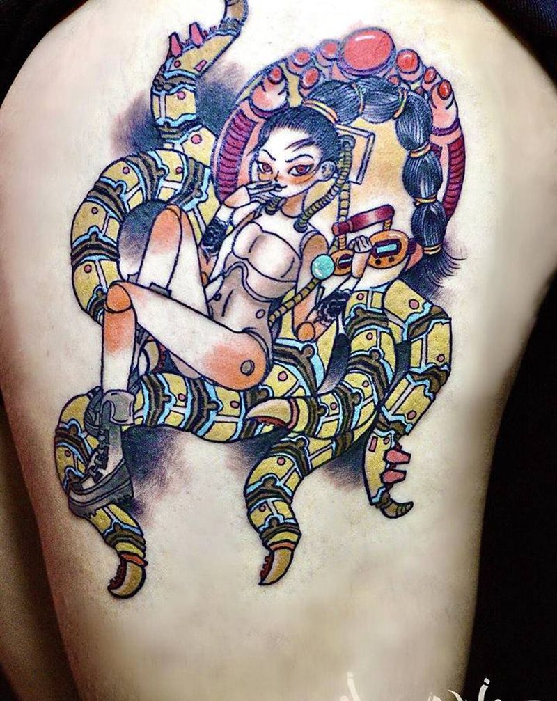 原创设计机械少女纹身图片_腿部Old School纹身图案