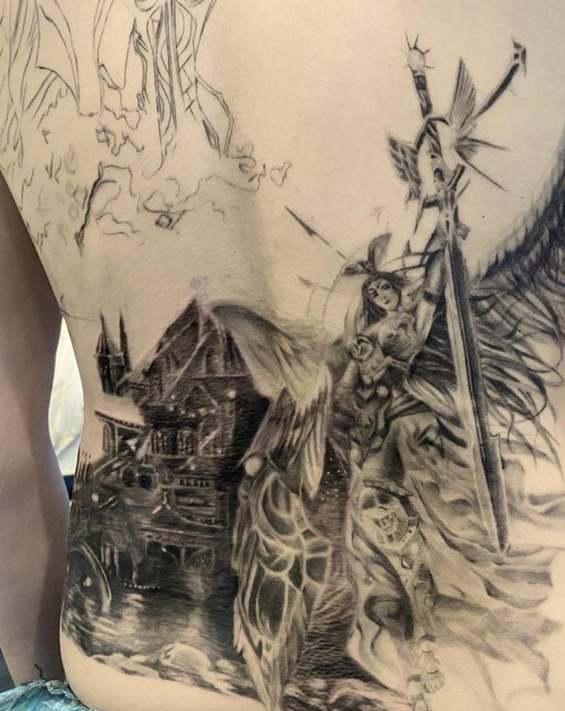 天使战争纹身图片_背部欧美写实纹身图案