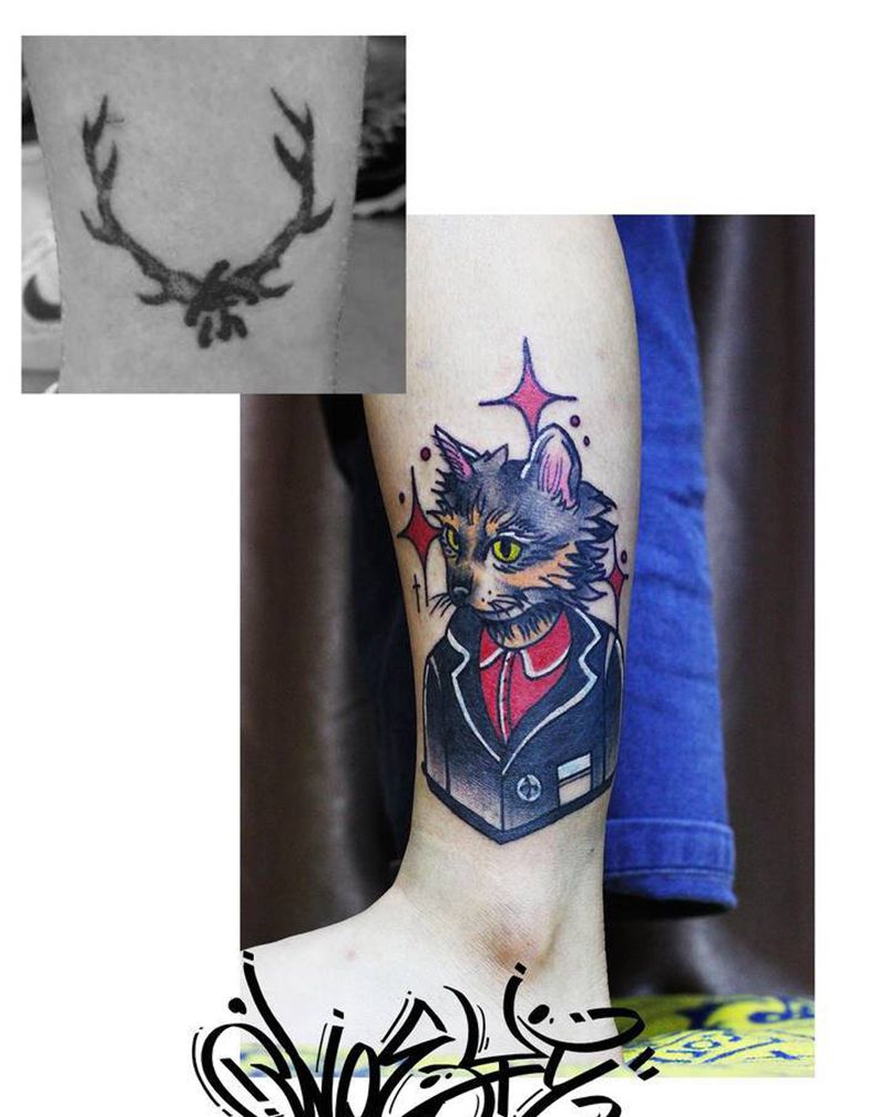 猫猫遮盖旧纹身纹身图片_腿部Old School纹身图案