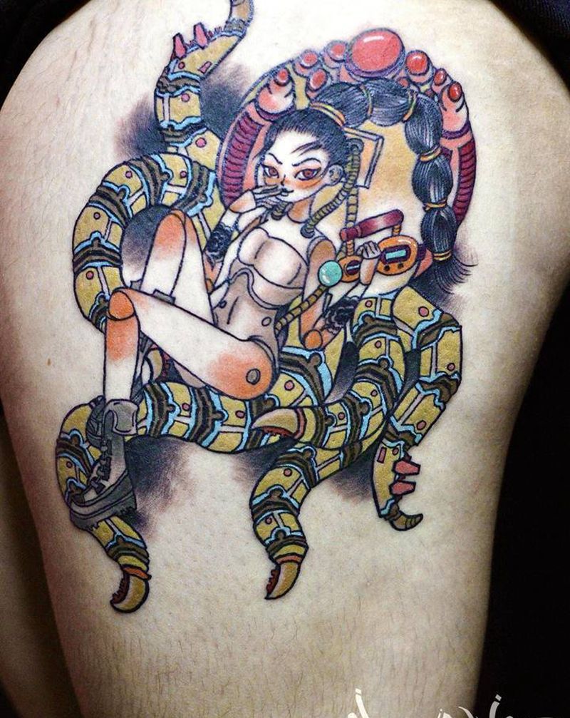 原设机械少女纹身图片_腿部Old School纹身图案