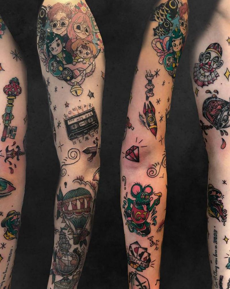 画画的baby纹身图片_手臂Old SchoolNew School一家人老鼠小丑纹身图案