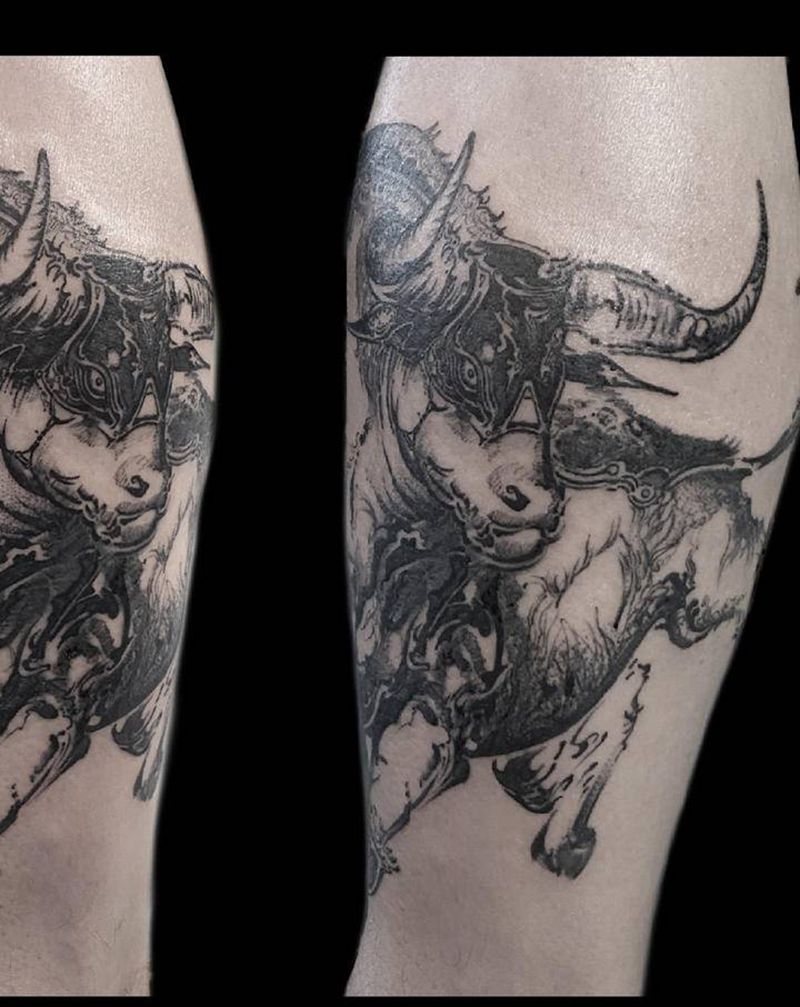 牛纹身图片_腿部纹身图案