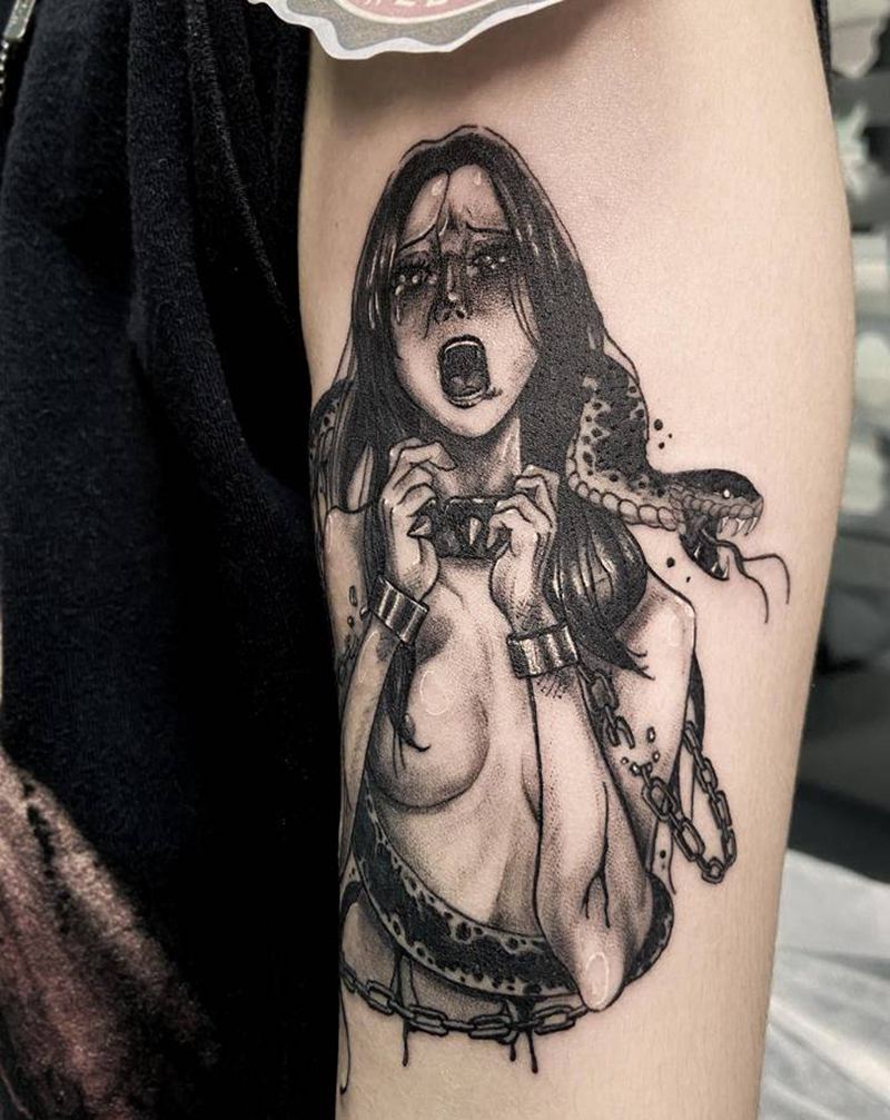 原创少女与蛇纹身图片_手臂纹身图案