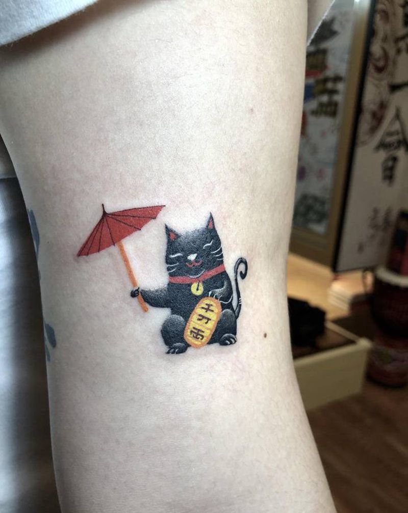 招财猫纹身图片_手臂老传统水彩招财猫纹身图案