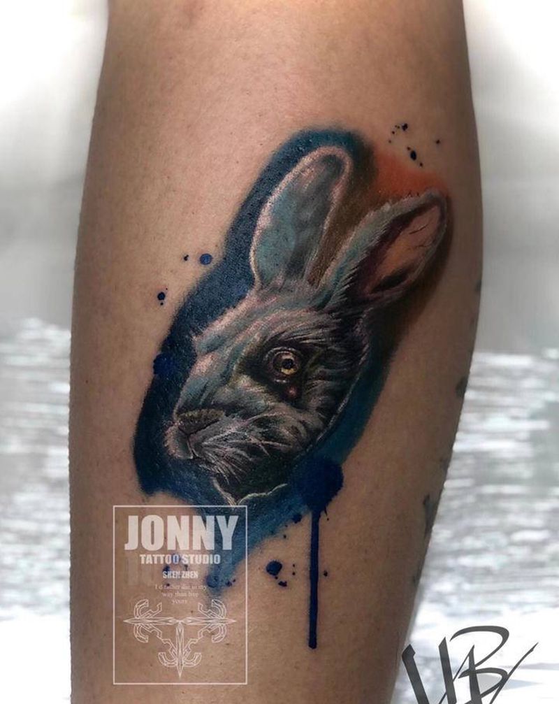 兔子纹身图片_腿部欧美写实纹身图案