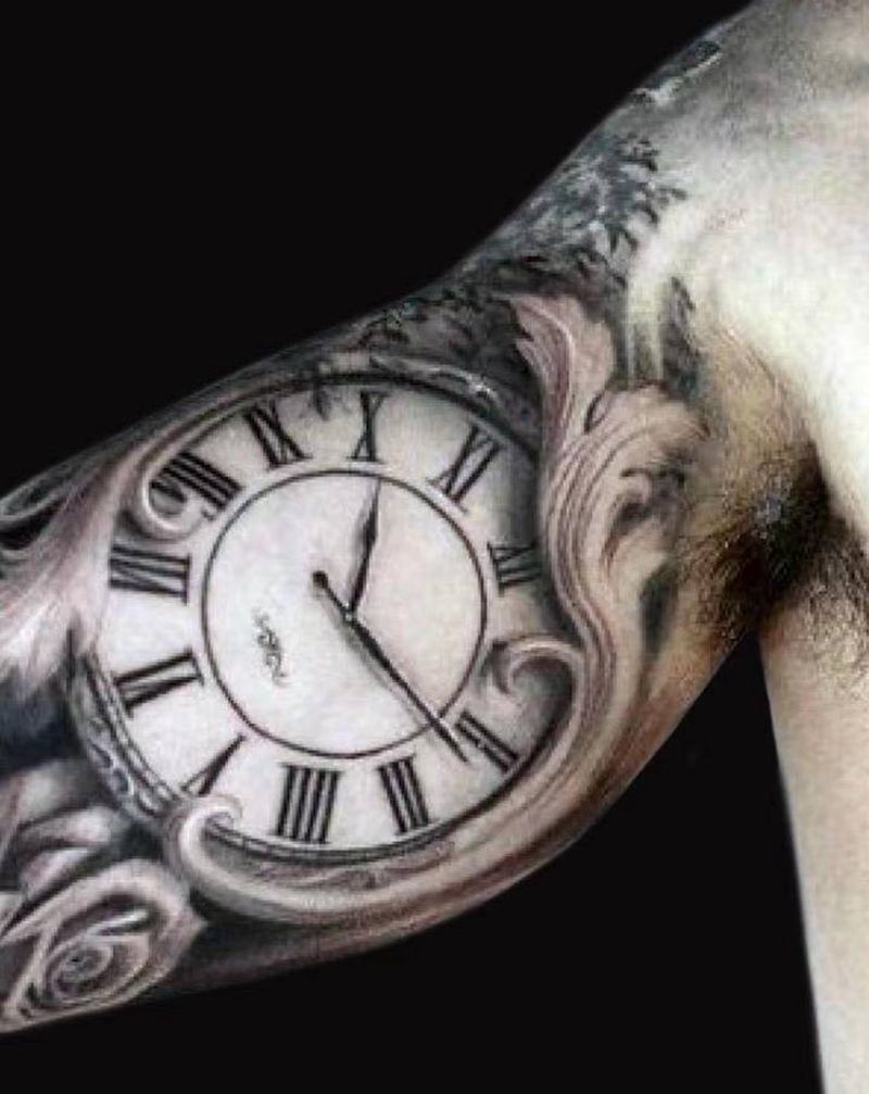 记住那一刻纹身图片_手部手臂欧美写实时钟玫瑰纹身图案