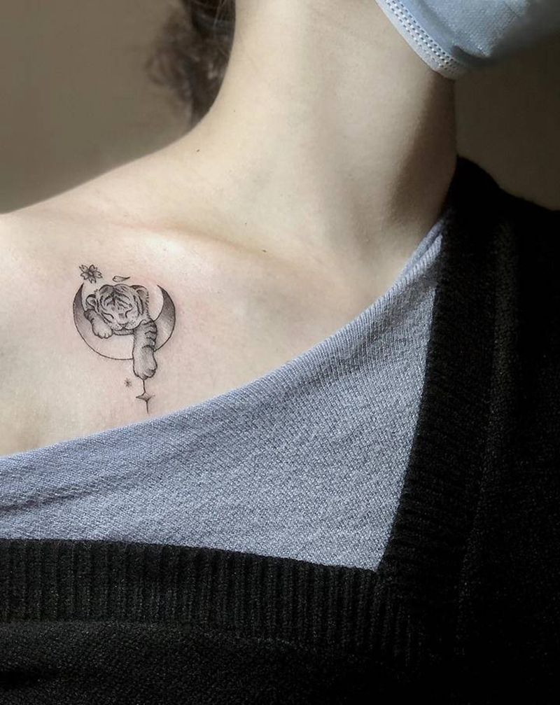 小虎妞纹身图片_胸部欧美写实虎纹身图案