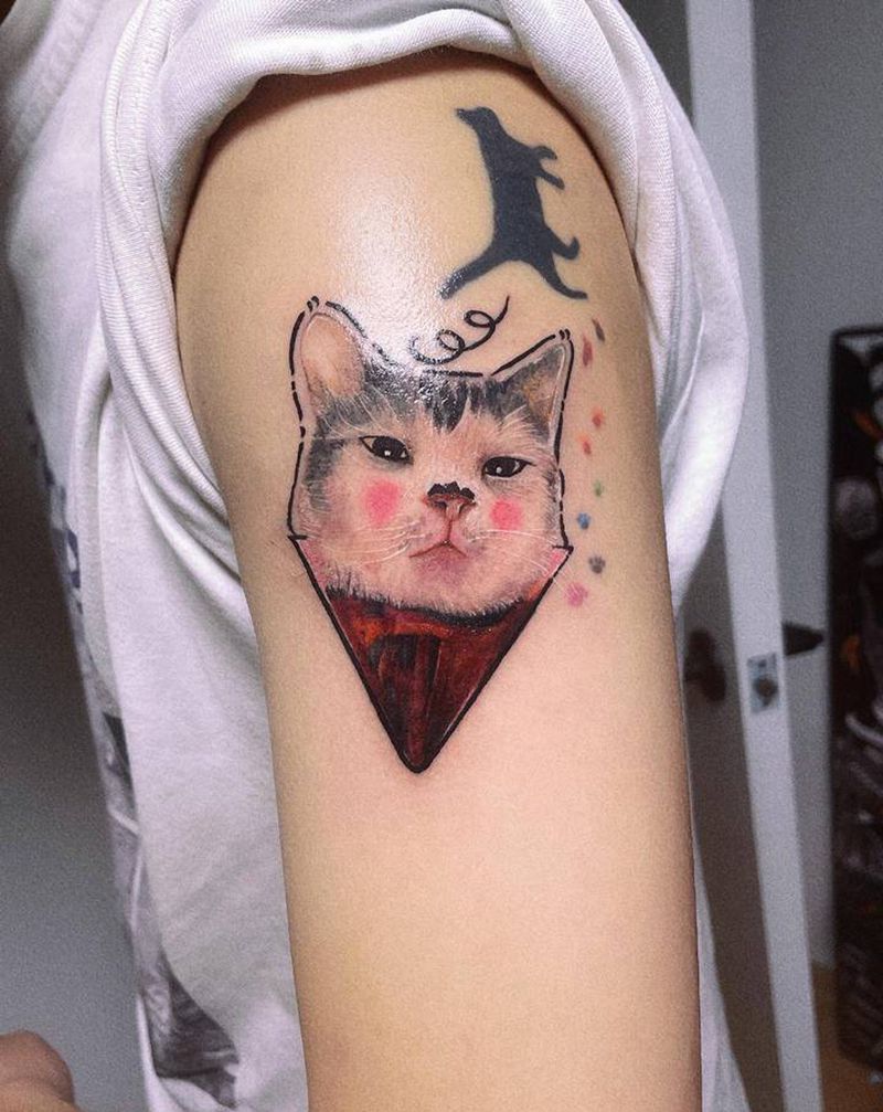 猫咪写实纹身纹身图片_手臂欧美写实水彩纹身图案