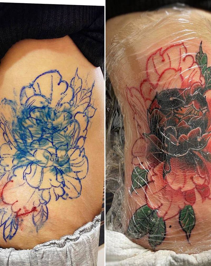 遮盖纹身图片_腰部新传统纹身图案