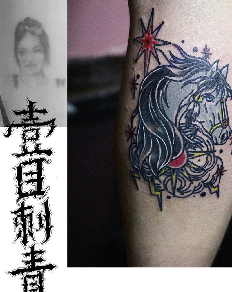 原设oldschool  马纹身图片_腿部Old School纹身图案