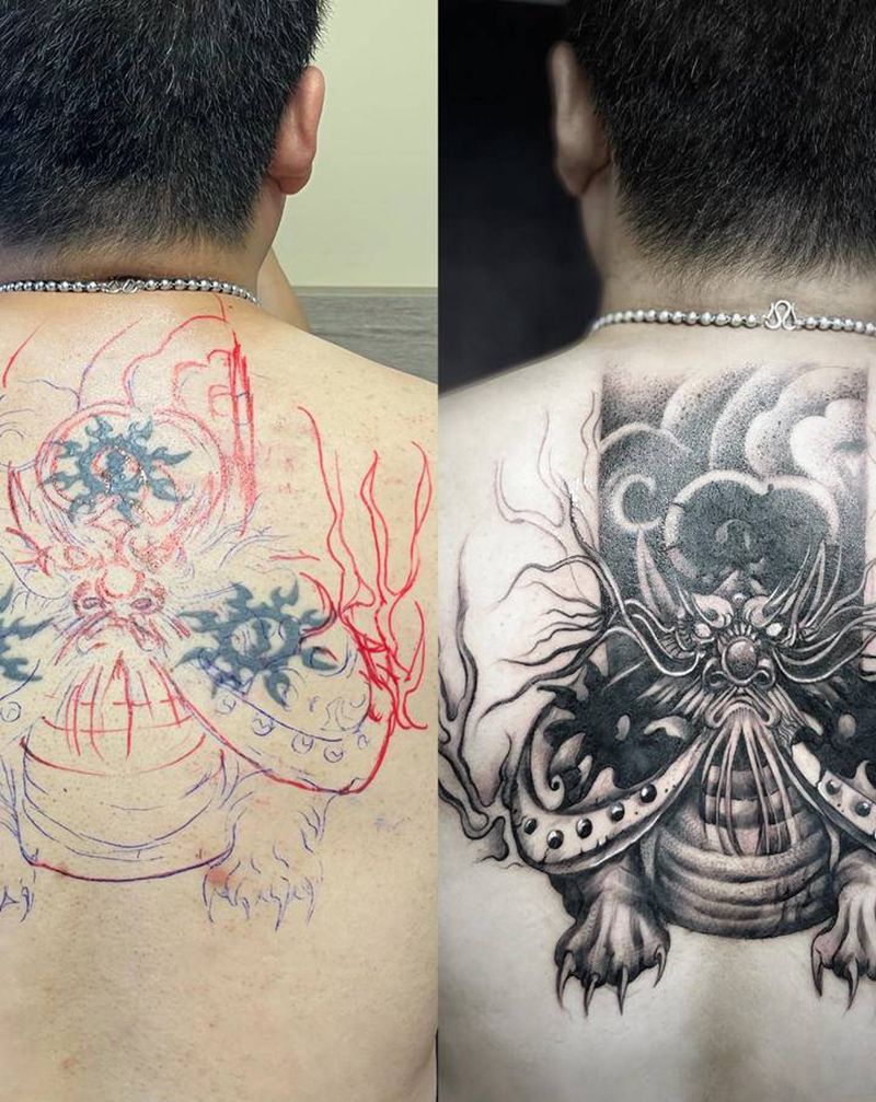 遮盖纹身图片_背部新传统点刺纹身图案