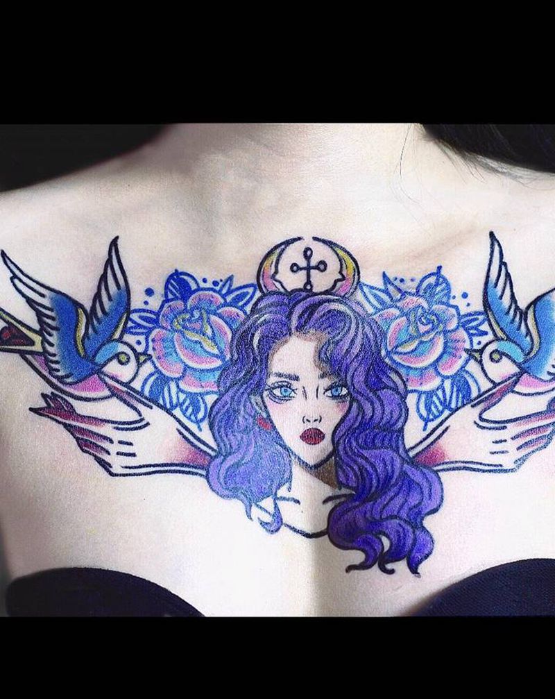 原设胸花纹身图片_胸部Old School纹身图案