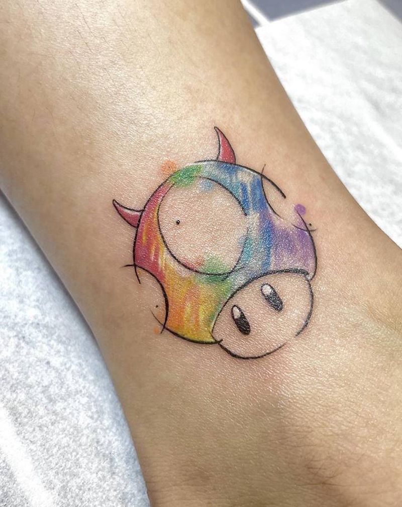 给皮肤换一种活法纹身图片_腿部水彩蘑菇马里奥纹身图案