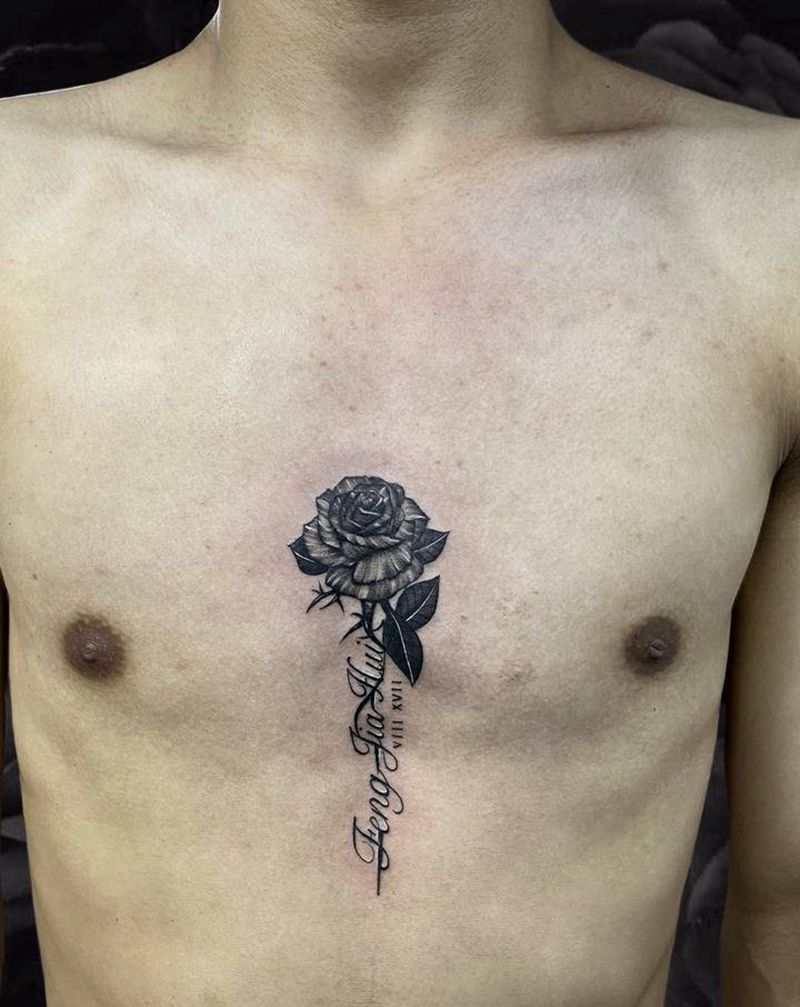 玫瑰花纹身图片_胸部几何水墨纹身图案