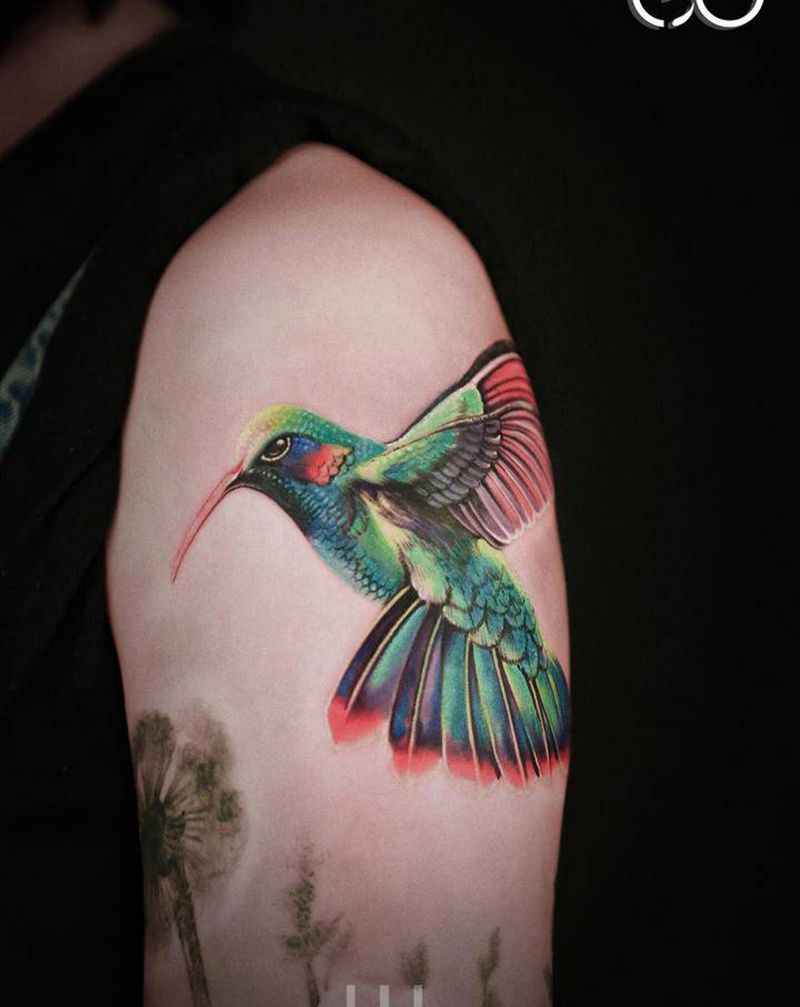 蜂鸟纹身图片_手臂手部欧美写实水彩蜂鸟鸟纹身图案