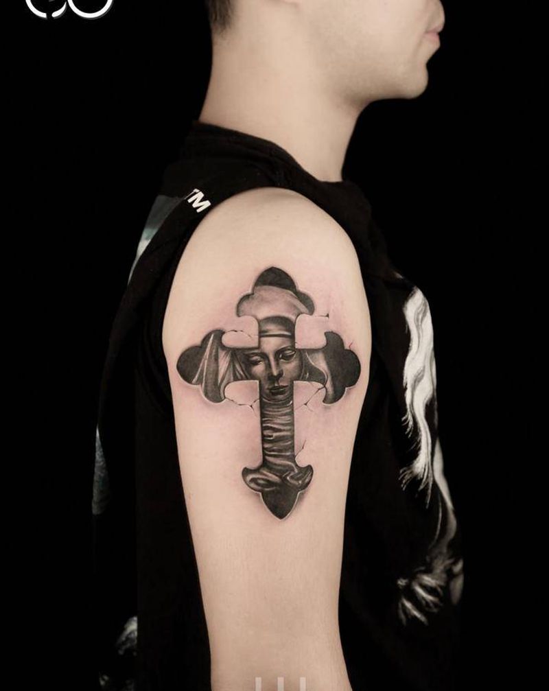 博爱纹身图片_手臂手部欧美写实几何圣母玛利亚纹身图案