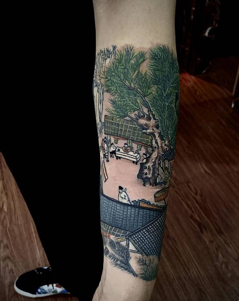 清明上河图纹身图片_手臂水墨纹身图案