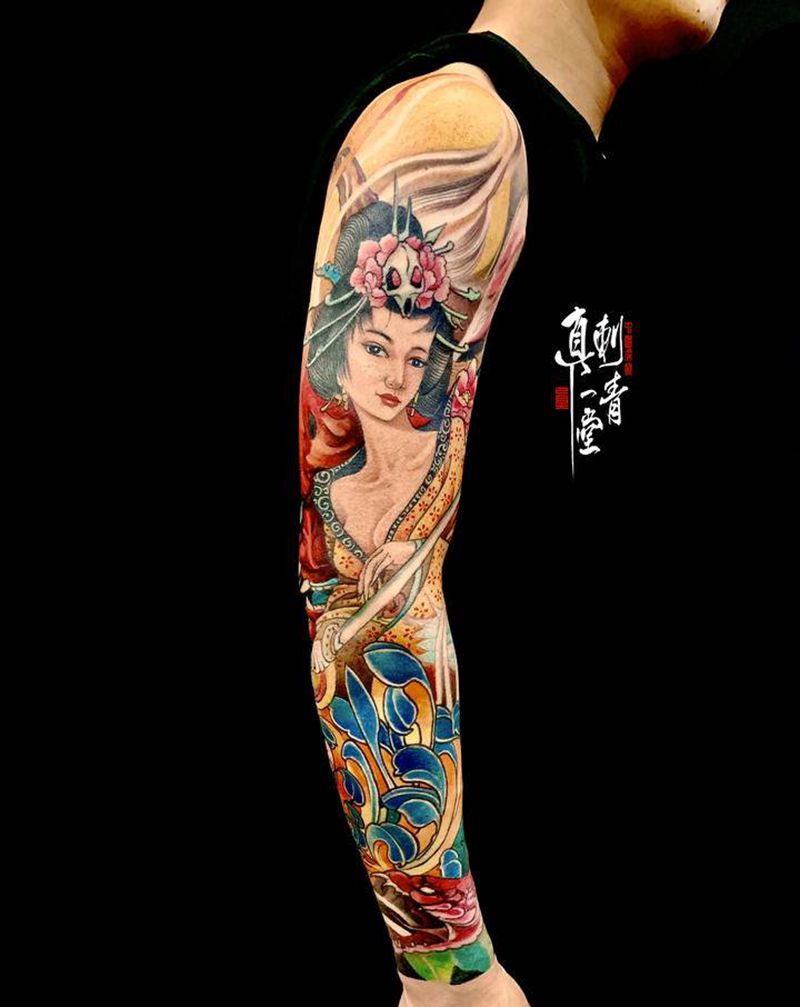 花臂纹身图片_手臂新传统纹身图案